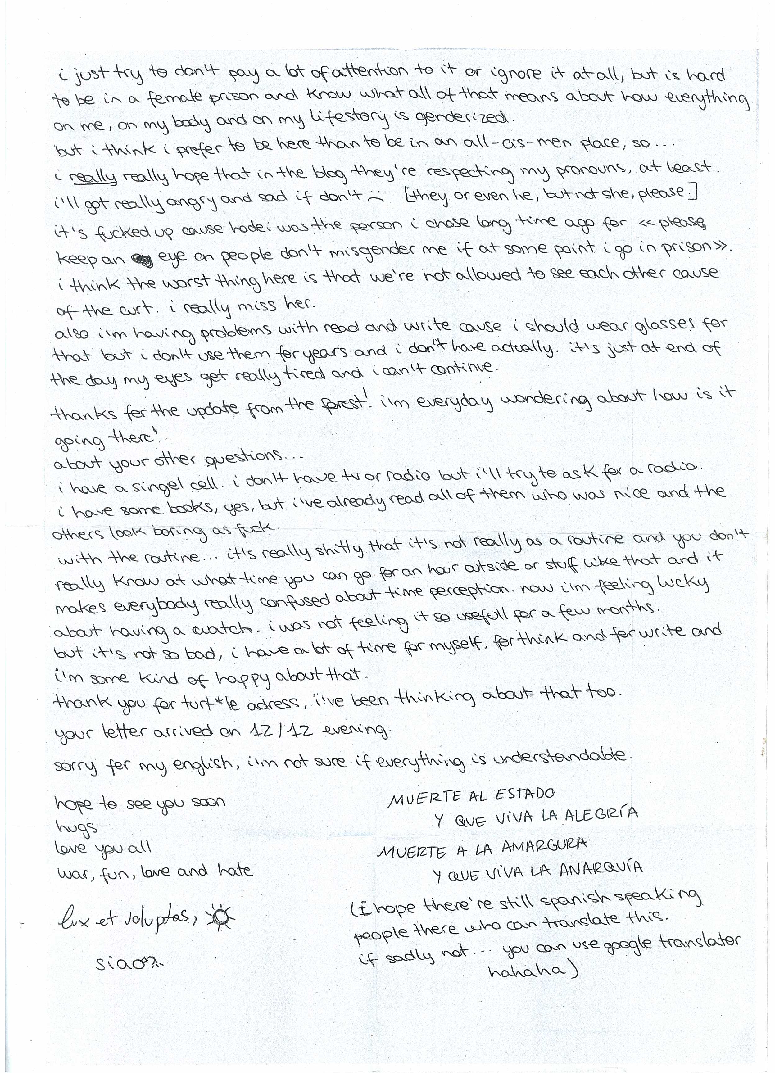 Brief vom Gefangenen Siao aus dem Kölner Frauengefängnis Contra Info